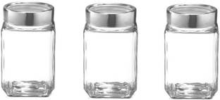 TREO Cube Storage Glass Jar, Set of 3, 310 ml Each, Transparent  - 310 ml काँच ग्रोसरी कंटेनर