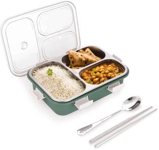 HM EVOTEK Leak Proof Lunch box 3 Compartment Stainless Steel Box with 1 Spoon & Chopstick 3 Containers Lunch Box