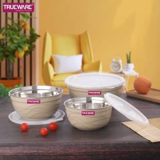 Trueware Stainless Steel, Plastic Serving Bowl 2200 ML, 1400ML & 1000 ML Oliver Microwave Safe Bowl Set