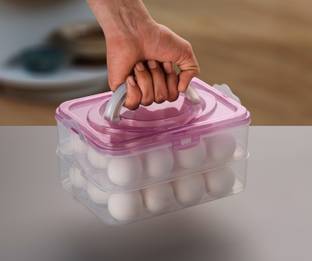 NEWON Plastic 24 Grid Egg Storage Containers basket with Carry Holder (2 Layer, Pink) Storage Basket