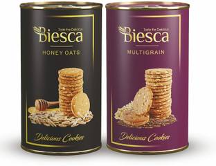 Biesca Natural Honey Oats Cookies 185g and Multigrain Cookies 170g (Combo Pack) Cookies Biscuit