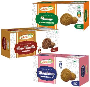 wheafree Gluten Free Cream Cookies Combo 600g (Strawberry, Orange, Cocoa Vanilla) Certified Gluten Free (Pack of 3*200g Each) Cream Sandwich Biscuit