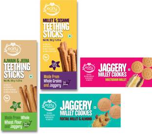 Early Foods Pack of 4 Organic Kids Snacks (Millet & Ajwain Sticks + Multigrain & Amaranth Cookies) Sweet & Salty Biscuit