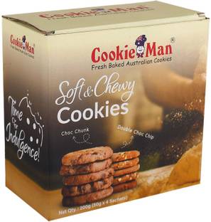 Cookieman Soft & Chewy Chocolate Cookies | 50g x 4 | Choc Chunk & Double Choco Chip Cookies Biscuit