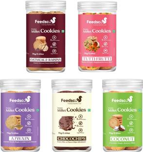 Feedsco Millet Cookies 75gm Pack of 5 - Tasty & Healthy Snack - Healthy Cookies Cookies Biscuit