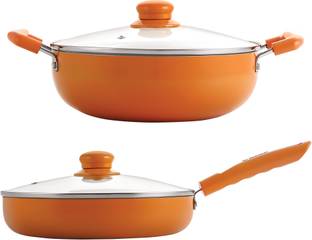 NIRLON Ceramic Induction Base Non-Stick Aluminium Cookware Set, 2-Pieces, Orange Induction Bottom Non-Stick Coated Cookware Set