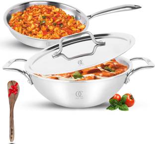 Omichef Primax (20CM) Triply Stainless Steel Cookware Set Of 3 Pcs Kadhai, Frypan & Lid, Induction Bottom Cookware Set