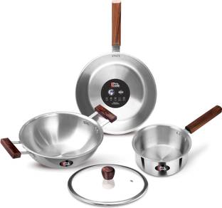 MILTON Procook Triply Stainless Steel 4pc with Wood Handle Saucepan Frypan Kadhai & lid Induction Bottom Cookware Set