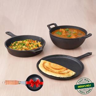 The Indus Valley Pre-Seasoned Cast Iron Cookware Set +Free Tadka Pan|Set of Tawa, Kadai & Fry Pan Induction Bottom Cookware Set