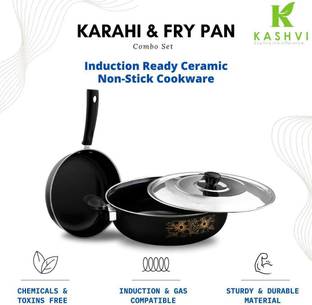 Kashvi Deep-Fry Kadahi with Stainless Steel Lid+ Frying Pan Combo Gift Set Induction Bottom Non-Stick Coated Cookware Set