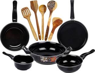 HouseOfCommon Dura Induction Nonstick Cookware 5 Pc Set With Wooden Cooking Spoon 5 Pc Induction Bottom Non-Stick Coated Cookware Set
