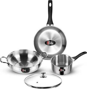 MILTON Pro Cook Stainless Steel Sandwich Bottom 4 pcs Kitchen Set Two Pan, Kadai, Lid Induction Bottom Cookware Set