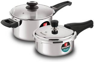 BERGNER Trimax Stainless Steel Pressure Cooker with Common Lid & Extra Glass Lid Induction Bottom Cookware Set