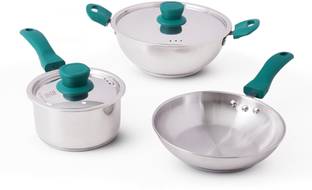 The Indus Valley Stainless steel cookware set of 5 | Kadai, Frypan, Sauce pan Induction Bottom Cookware Set