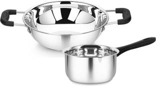 Classic Essentials Stainless Steel Cookware combo set of 2 | Kadhai 22cm, Saucepan 16 cm Induction Bottom Cookware Set
