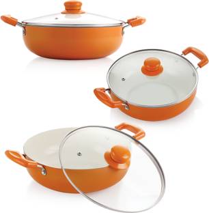 NIRLON Ceramic Coated Aluminum Kadai with Glass Lid 3pcs Set Induction Bottom Non-Stick Coated Cookware Set