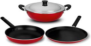 IDEAL IDEAL Ever Kadai 240mm, Frypan 240mm, Tawa 270mm with Steel Lid Jumbo set Non-Stick Coated Cookware Set