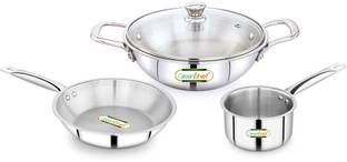 Greenchef Crest Triply Cookware combo(Kadhai glass lid 22CM, Sauce pan 14CM, Fry pan 22CM) Induction Bottom Cookware Set