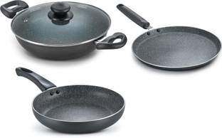 Prestige Omega Deluxe Granite Alpha 3Pcs BYK-Kadai 24cm Glass Lid+Tawa 28cm+Fry Pan 24cm Induction Bottom Non-Stick Coated Cookware Set