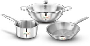 Greenchef Crest Triply Cookware combo(Kadhai glass lid 22CM, Sauce pan 14CM, Fry pan 22CM) Induction Bottom Cookware Set