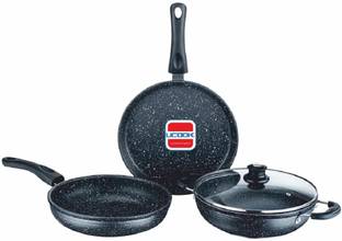 UCOOK Rock Series (3+1) Aluminium Kadhai with Glass Lid, Frypan and Dosa Tawa Induction Bottom Non-Stick Coated Cookware Set