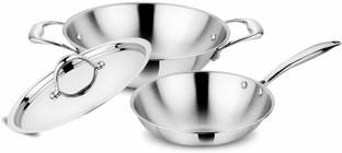 PRABHA Triply Stainless Steel Kadhai With Lid, Frypan Cookware Set of 3 Induction Bottom Cookware Set