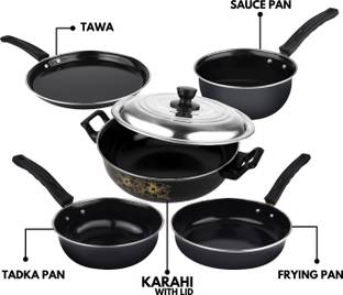 MY STORE Non-Stick Cookware Set (6 Pcs) Kadhai with Lid, Tawa, Frypan, Saucepan, Tadka - Induction Bottom Non-Stick Coated Cookware Set