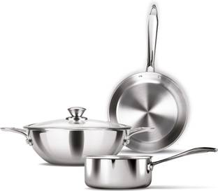 MILTON Procook Triply Sauce Pan 14 cm, Fry Pan 24 cm, Kadhai 24 cm with Glass Lid 24 cm Cookware Set