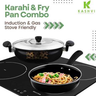 HouseOfCommon Deep-Fry Kadahi with Stainless Steel Lid+ Deep Frying Pan Combo Gas Compatible Induction Bottom Non-Stick Coated Cookware Set