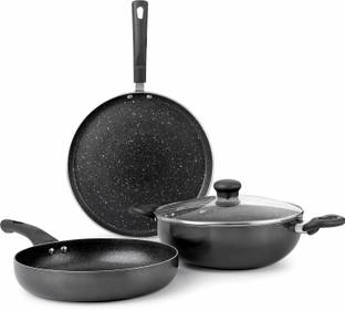 cello Premium Kitchenova Gift(Dosa Tawa 28cm, Fry Pan 24cm, Kadai with Glass Lid 24cm) Induction Bottom Non-Stick Coated Cookware Set