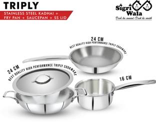 Sigri-wala Cook Healthy Triply 4PCS Combo Kadai24 cm, FryPan24 cm,Saucepan16 cm, LID 24 cm Induction Bottom Cookware Set