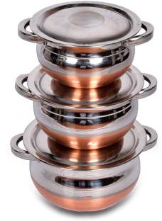LIMETRO STEEL Stainless Steel Set of 3 Handi Set with Lid / Urli Set Cookware Set