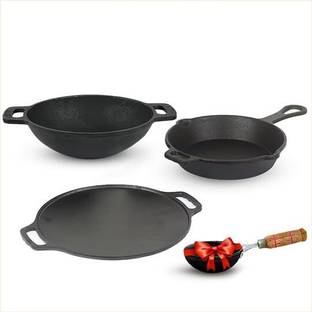 The Indus Valley Pre-Seasoned Cast Iron Cookware Set + Free Tadka Pan | Tawa, Kadai & Fry Pan Induction Bottom Cookware Set