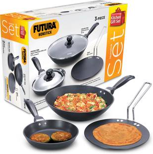 Hawkins Futura Kitchen Gift Set - 2L Stir-Fry Pan, 17cm Frying Pan, 22cm Tava (24NSGP) Non-Stick Coated Cookware Set
