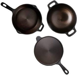The Indus Valley Super Smooth Cast Iron Cookware Set | Set of Tawa, Kadai & Fry Pan Induction Bottom Cookware Set