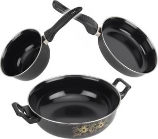 MY STORE Non-Stick Kadhai, Fry Pan, Tadka Pan - Perfect Kitchen Cookware Set (3 Pcs) | Induction Bottom Non-Stick Coated Cookware Set