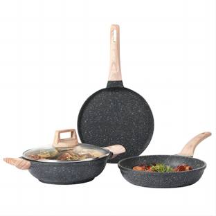CaROTE 24 Fry Pan+28 Dosa Tawa+28 Kadai Induction Bottom Non-Stick Coated Cookware Set