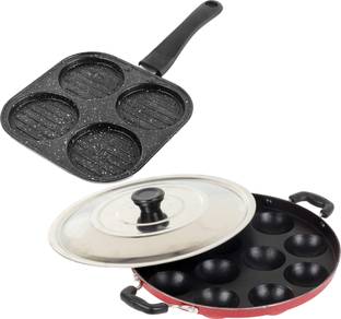 IDEAL PRIME Heavy Duty Appam Patra 12 Cavity Pan Cake Pan 4 Cavity Combo Cookware Set Induction Bottom Non-Stick Coated Cookware Set