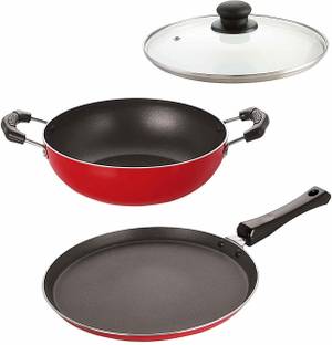 NIRLON Non-Stick Aluminium Cookware Set (Flat Tawa|Deep Kadhai(M)|1 Glass Lid) Non-Stick Coated Cookware Set