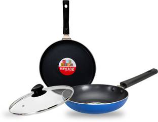 NAVRANG NONSTCIK COOKWARES 3PC SET DOSA TAWA 240+FRYPAN 200+GLASS LID,NON IB, BLUE Non-Stick Coated Cookware Set