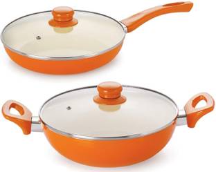 NIRLON Aluminium Deep Kadhai and Fry Pan with Stylish Handle and Glass Lid Induction Bottom Non-Stick Coated Cookware Set