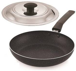 NARV Non Stick Fry Pan Dishwasher Safe, Tawa with Steel Lid, Spatula & Scrubber K1 Non-Stick Coated Cookware Set