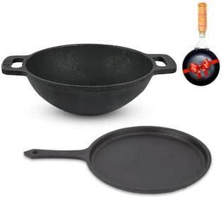The Indus Valley Pre-Seasoned Cast Iron Cookware Set + Free Tadka Pan | Set of Kadai & Tawa Induction Bottom Cookware Set
