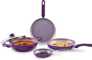WONDERCHEF Royal Velvet Non-stick 5-piece Cookware Set (Fry Pan with Lid, Wok, Dosa Tawa, Mini Fry Pan) Induction bottom, Soft-touch handles, Virgin grade aluminium, PFOA/Heavy metals free, 3 mm, 2 years Induction Bottom Non-Stick Coated Cookware Set