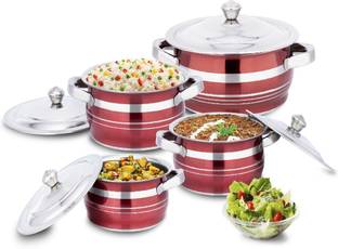 MAHAVIR Stainless Steel 4 Pcs Handi Set with lid Glossy Finish Induction Bottom Cookware Set