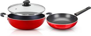 NAVRANG NONSTICK 3PCS INDUCTION SET KADAI GLASS LID 22CM AND FRY PAN 22CM,RED Induction Bottom Non-Stick Coated Cookware Set