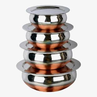 RBGIIT Stainless Steel Copper Bottom Cooking Serving Pot with Lid Biryani Handi 4 Pc K2 Cookware Set