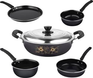DOXMO Nonstick of 5pc, Kadhai(With Lid) Frypan,Sauce Pan,Tadka Pan & Tawa Induction Bottom Non-Stick Coated Cookware Set