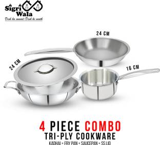 Sigri-wala TRIPLY 4 PCS COMBO SET KADAI 24 cm, FRY PAN 24 cm, SAUCE PAN 16 cm, LID 24 cm Induction Bottom Cookware Set