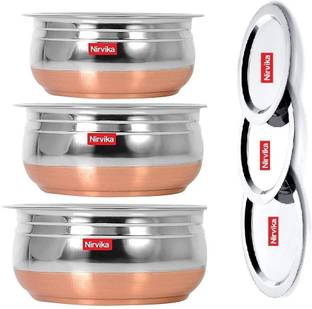 Nirvika Stainless steel Cooking & serving bowl Patila set of 3 pcs and 3 pcs lid Induction Bottom Non-Stick Coated Cookware Set